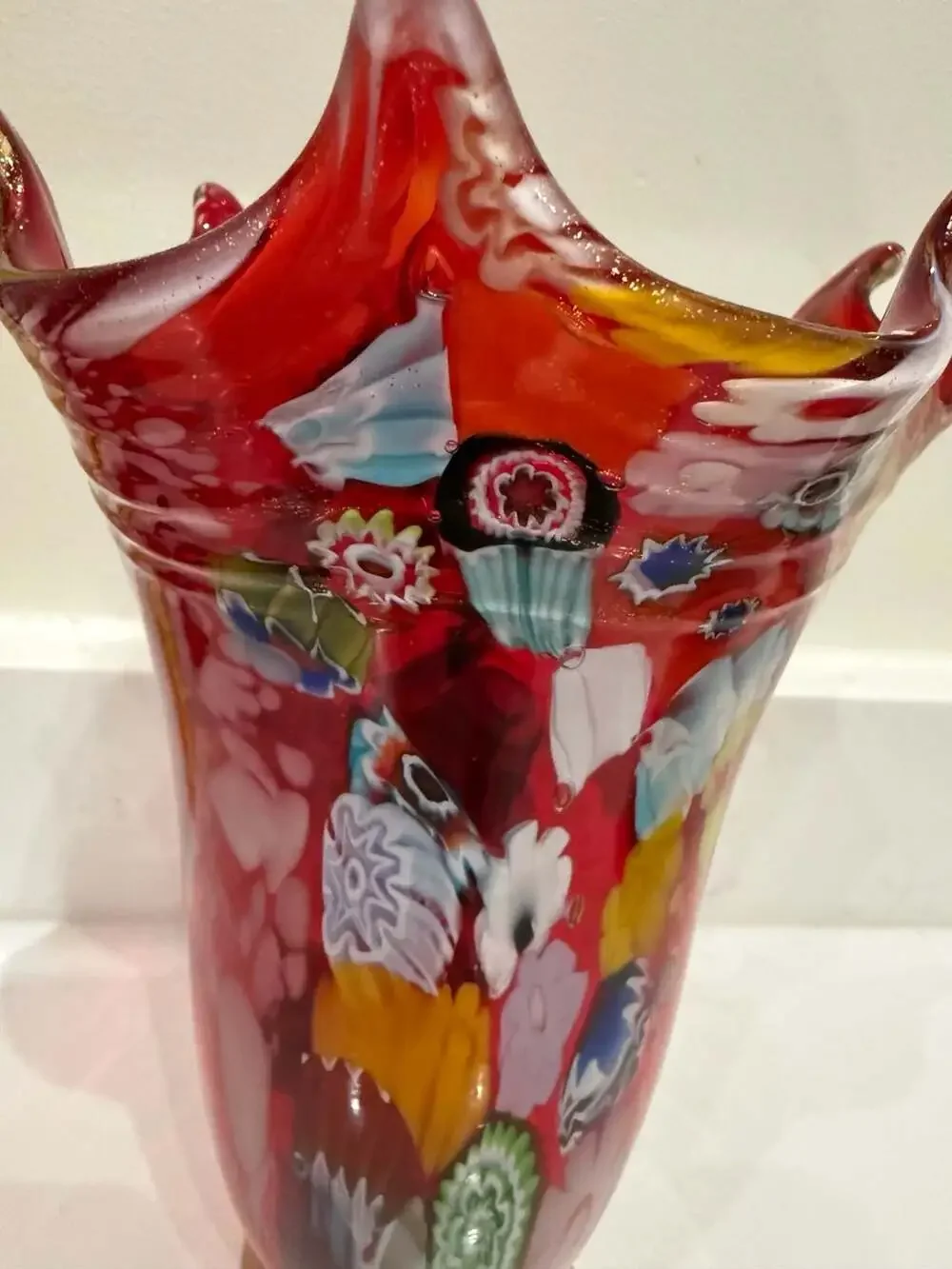 Vintage Murano Red Glass Millefiori Vase with Gold Gilt Base
